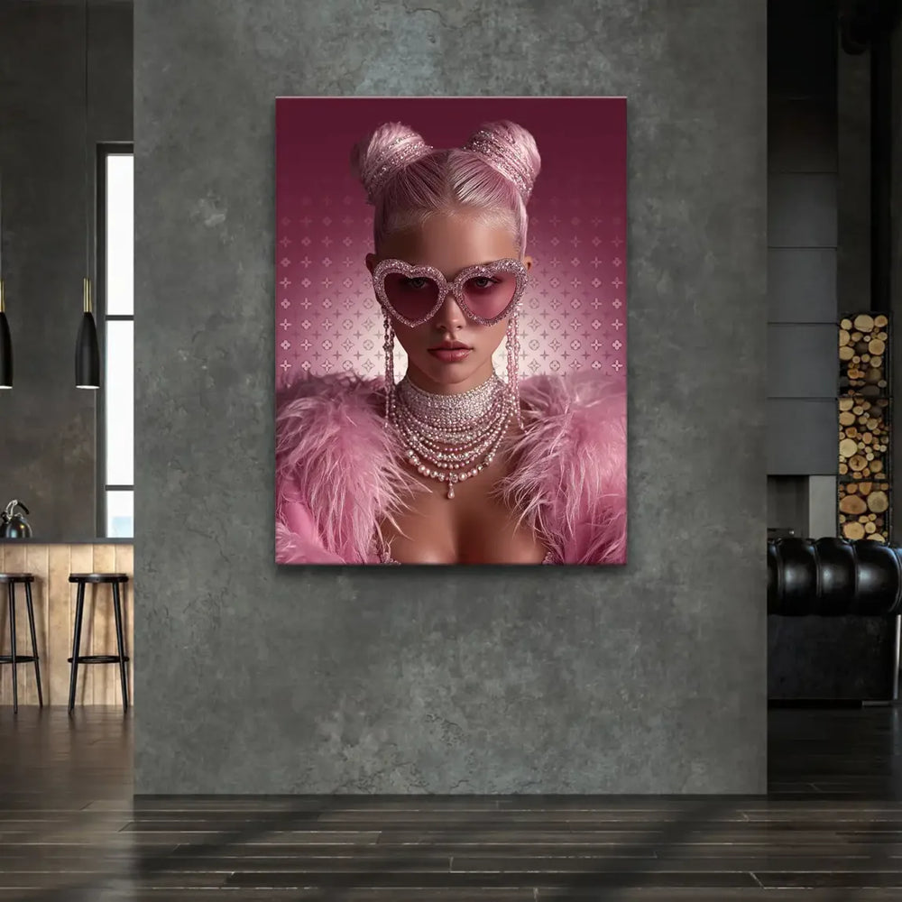 Portrait of a stylish woman in pink tones with Barbiecore vibe on glossy canvas print