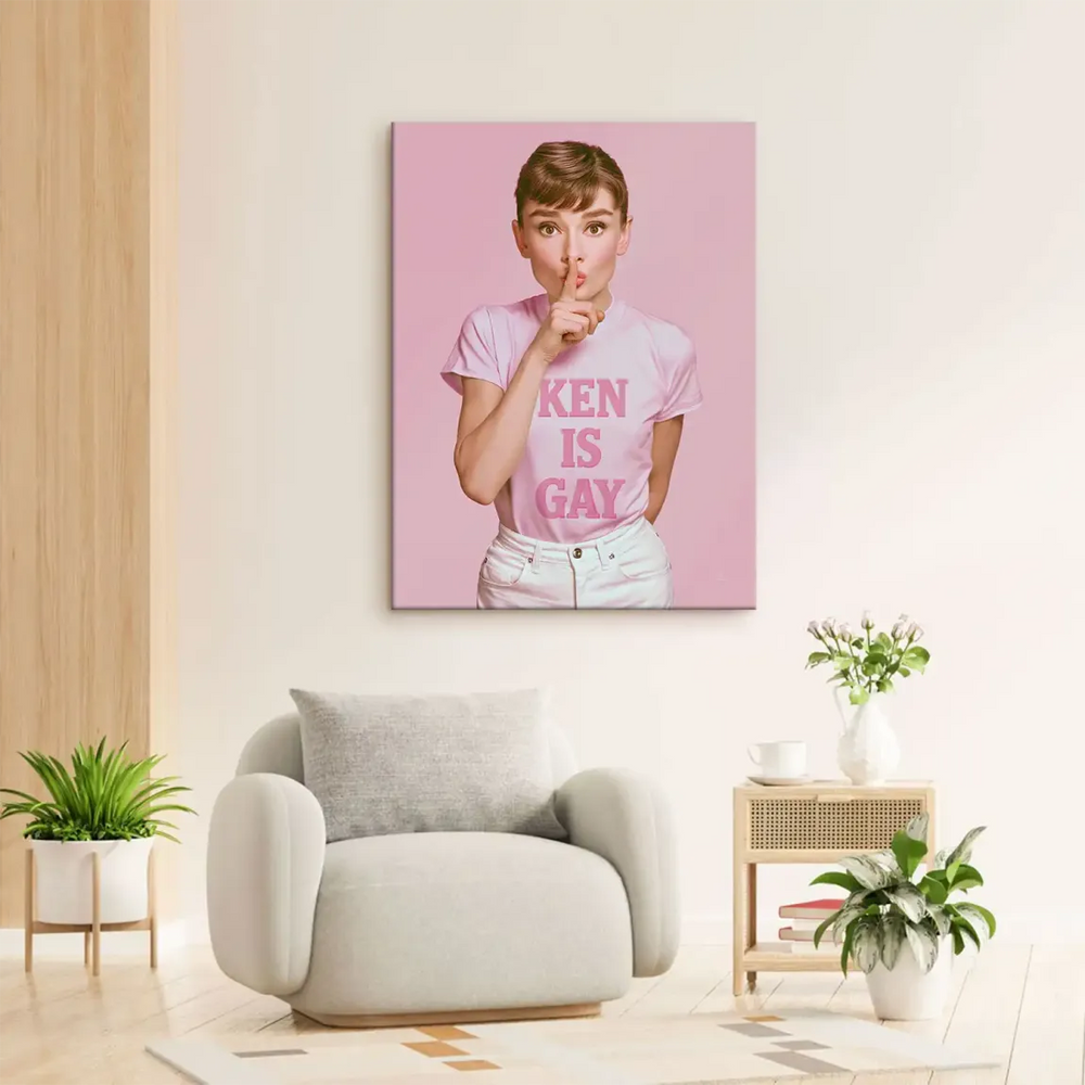 Vibrant fashion wall art featuring a waist-up Audrey Hepburn portrait in a pink tee