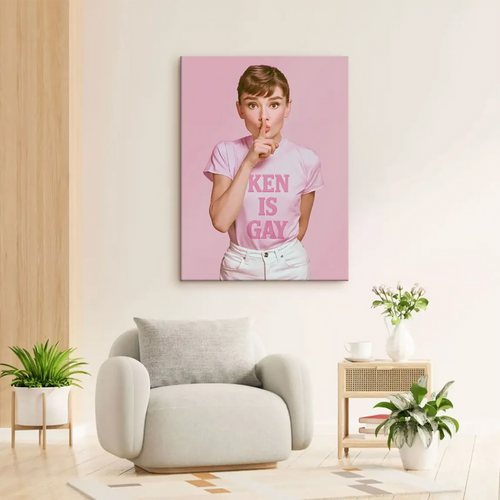 Vibrant fashion wall art featuring a waist-up Audrey Hepburn portrait in a pink tee