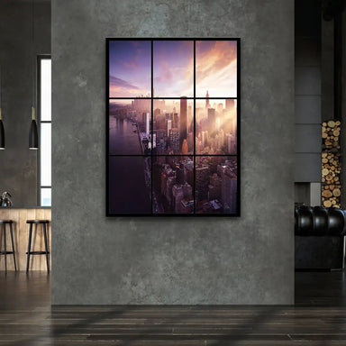 High-angle cityscape featuring a grid-like window framing over New York's skyline.