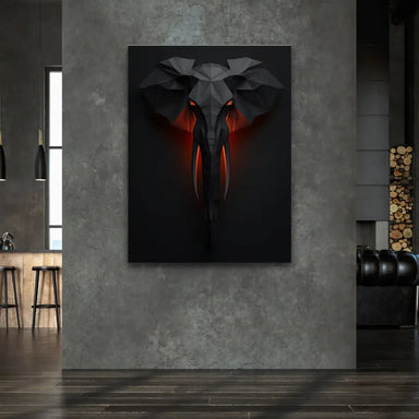 Geometric low-poly elephant bust on a dark background with luminous ears.