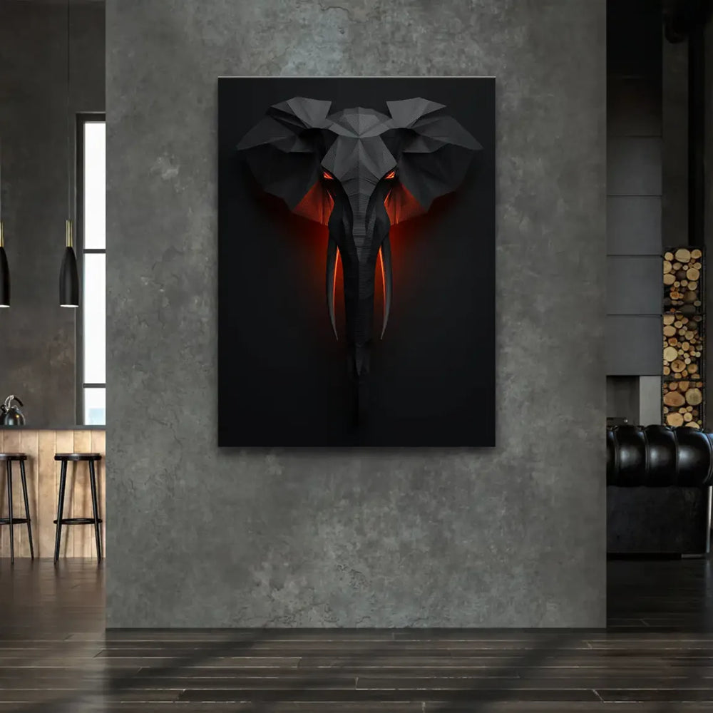 Geometric low-poly elephant bust on a dark background with luminous ears.