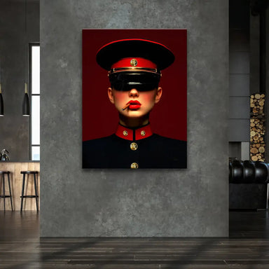 Front-facing canvas wall art featuring a bold, modern fashion portrait with crimson, black, and gold palette