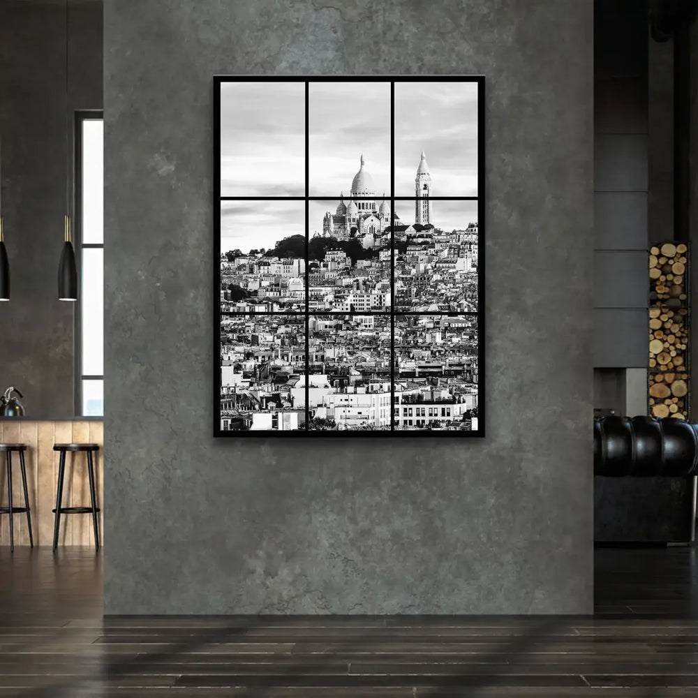 Paris rooftops and streets in grayscale, capturing classic Montmartre charm.