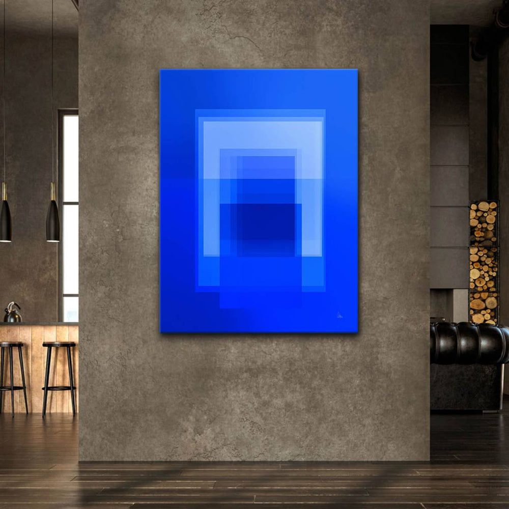 Cobalt blue geometric art on canvas wall art, Bauhaus-inspired abstract composition.