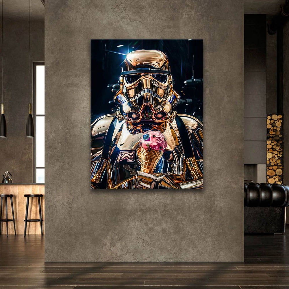 Stylized Star Wars Stormtrooper artwork in glossy gold tones for wall decor.