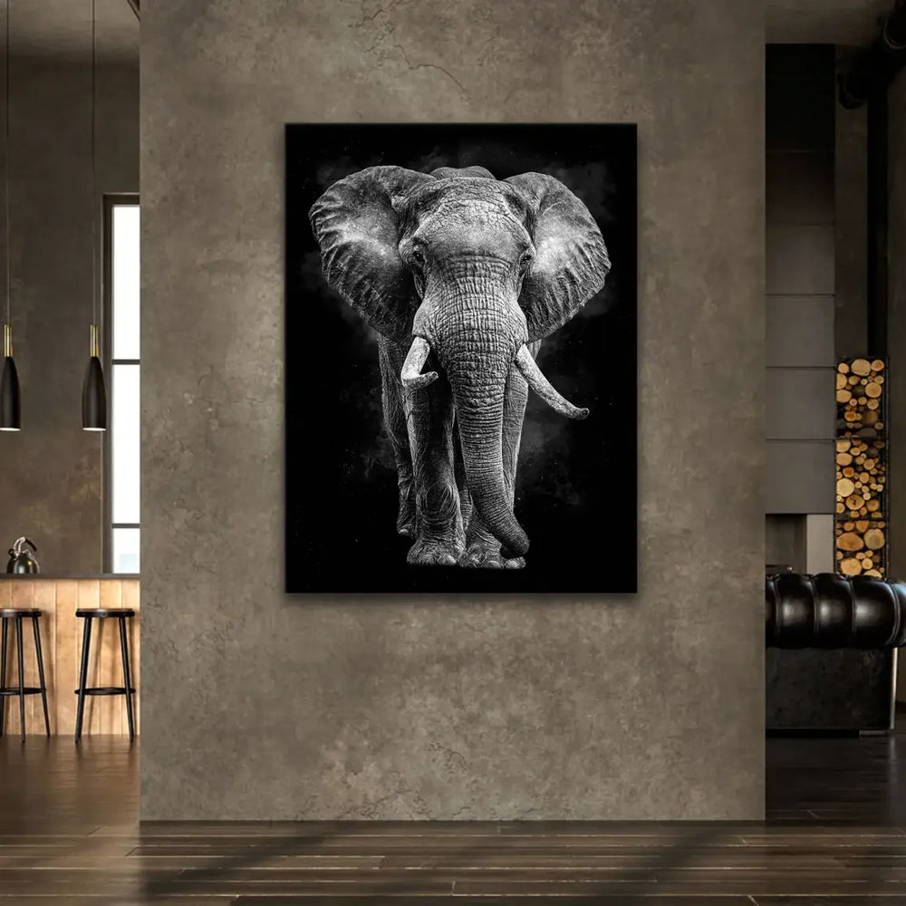 Bold elephant wall art in black and white suitable for living room safari theme