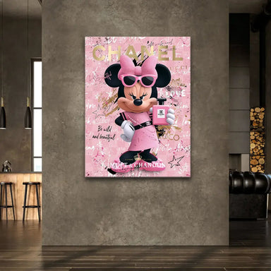 Vibrant pop art canvas featuring Minnie Mouse and fashion branding elements like Chanel, Gucci, and Dior.