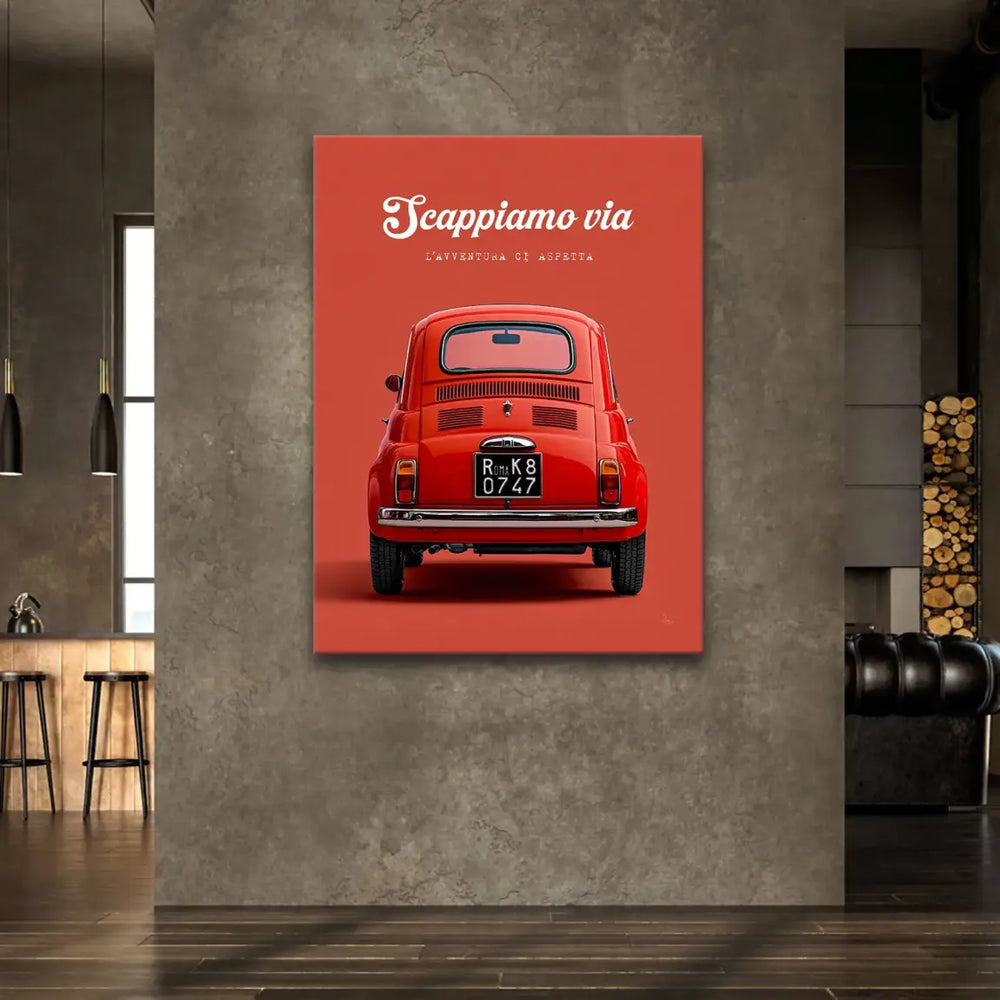 White italic text above the car on canvas wall art reading Lets escape and Adventure awaits us