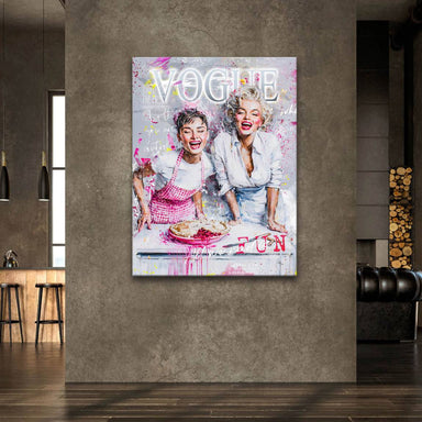 Bold portrait with bright pink and yellow splashes over a vintage celebrity collage.