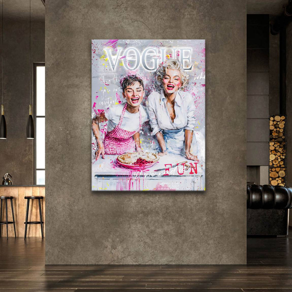 Bold portrait with bright pink and yellow splashes over a vintage celebrity collage.