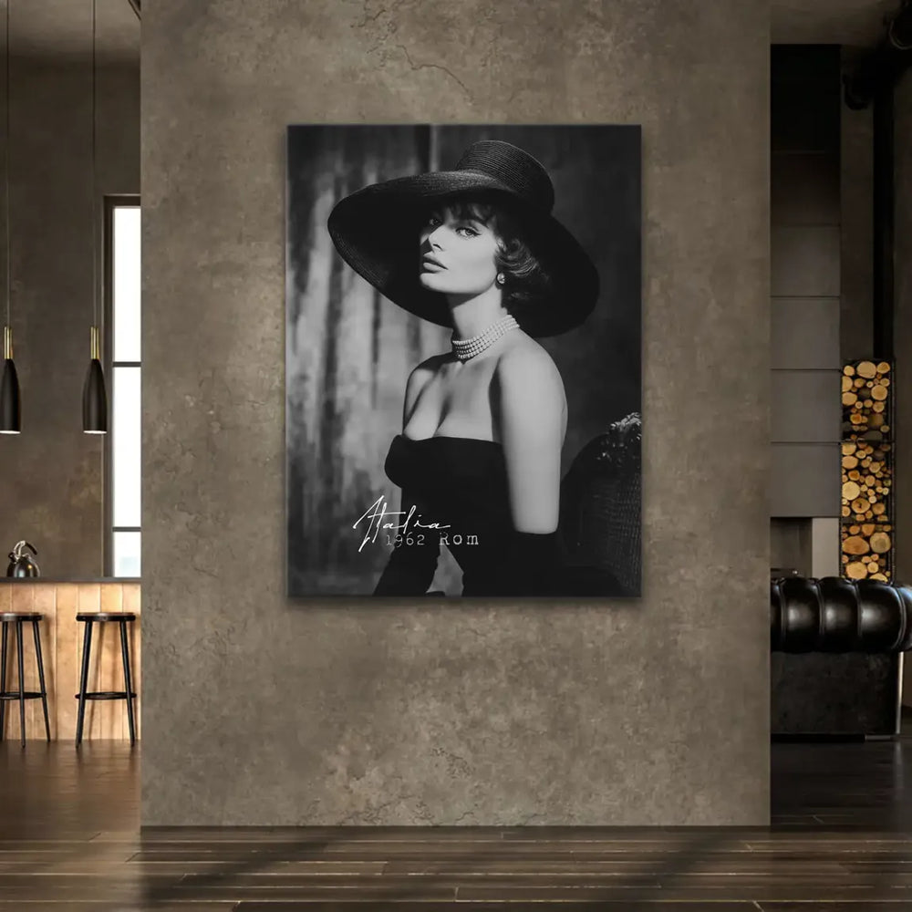 Monochrome wall art featuring a sophisticated female celebrity