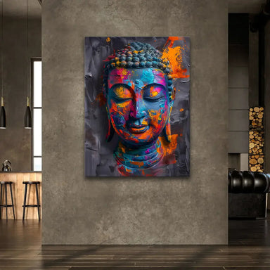 Modern boho Buddha wall art with paint-splatter abstract design