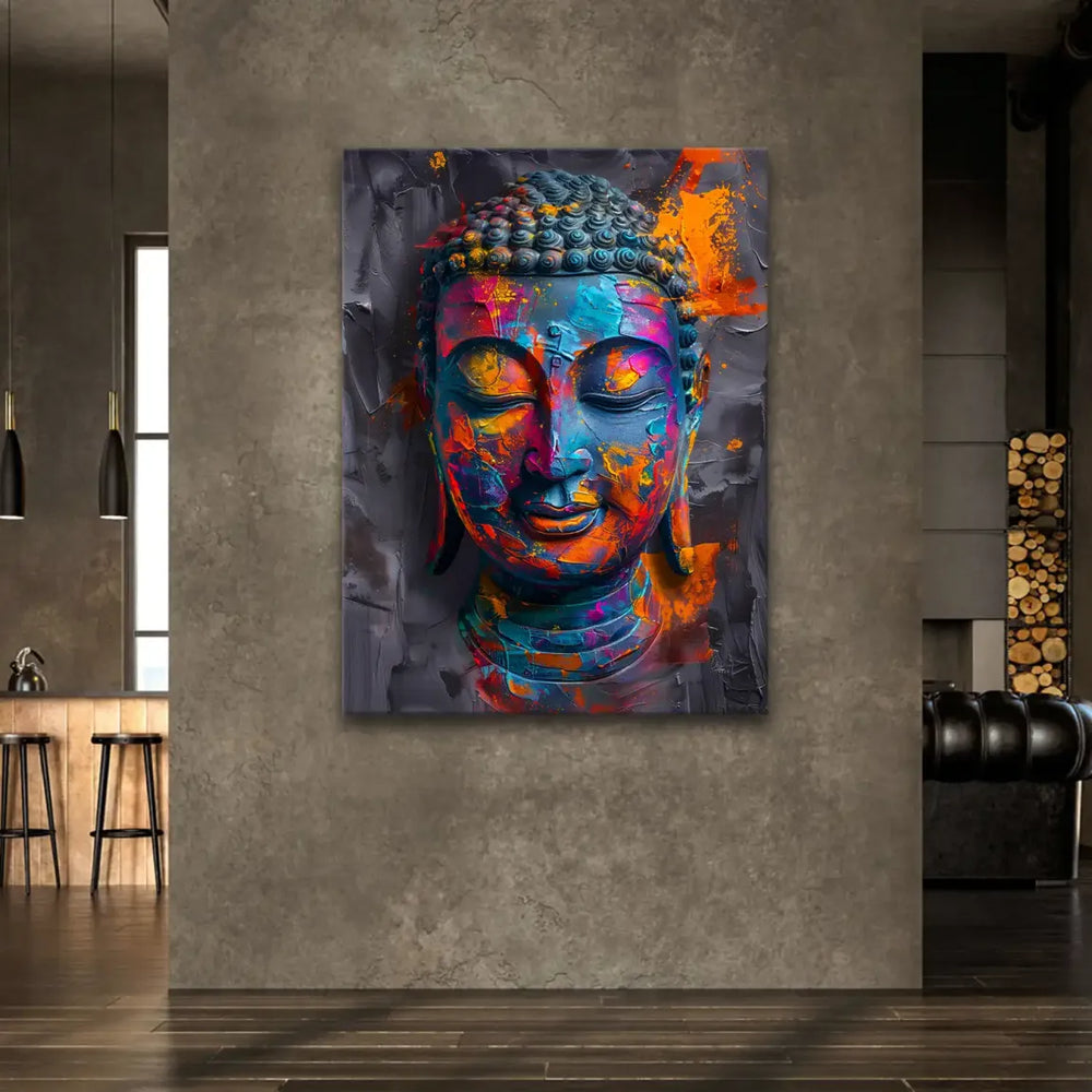 Modern boho Buddha wall art with paint-splatter abstract design