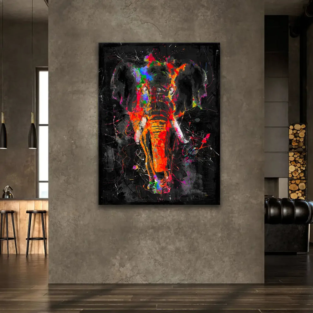 Front-facing elephant artwork in abstract expressionist and pop graffiti style.