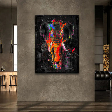 Front-facing elephant artwork in abstract expressionist and pop graffiti style.