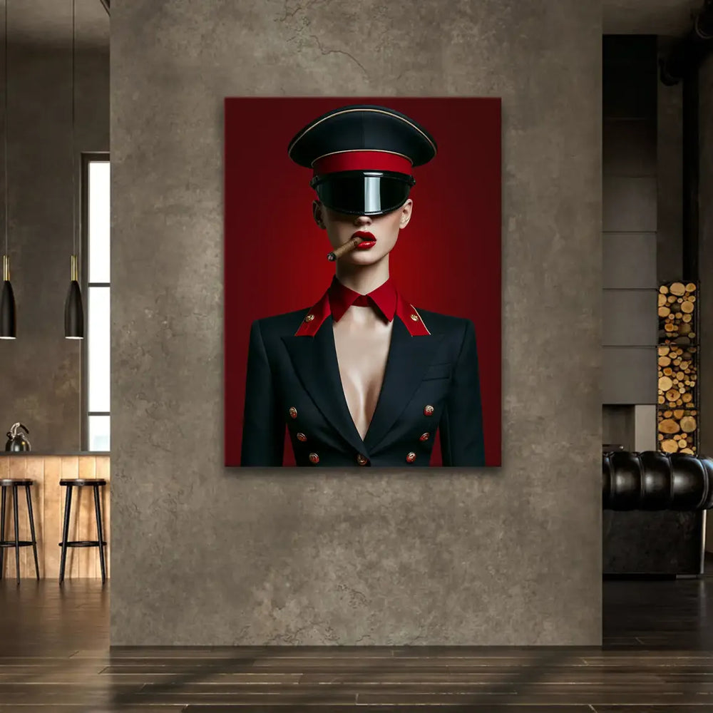 Bold red fashion portrait on canvas featuring a confident figure in an officer-style outfit.