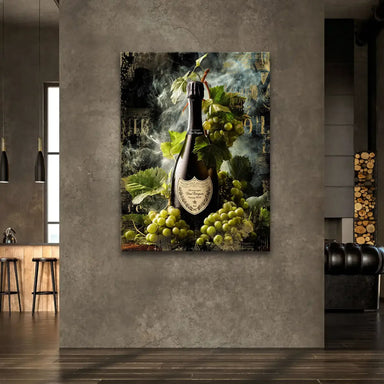 Dom Pérignon champagne bottle surrounded by green grapes and vine leaves on a vertical canvas