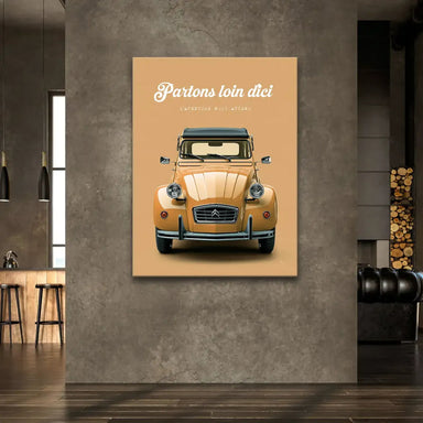 Retro travel poster-inspired canvas wall art showing a yellow Citroën 2CV.