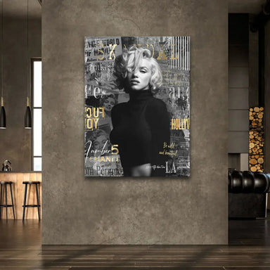 Gold foil lettering over vintage newspaper clippings surrounding Marilyn Monroe portrait