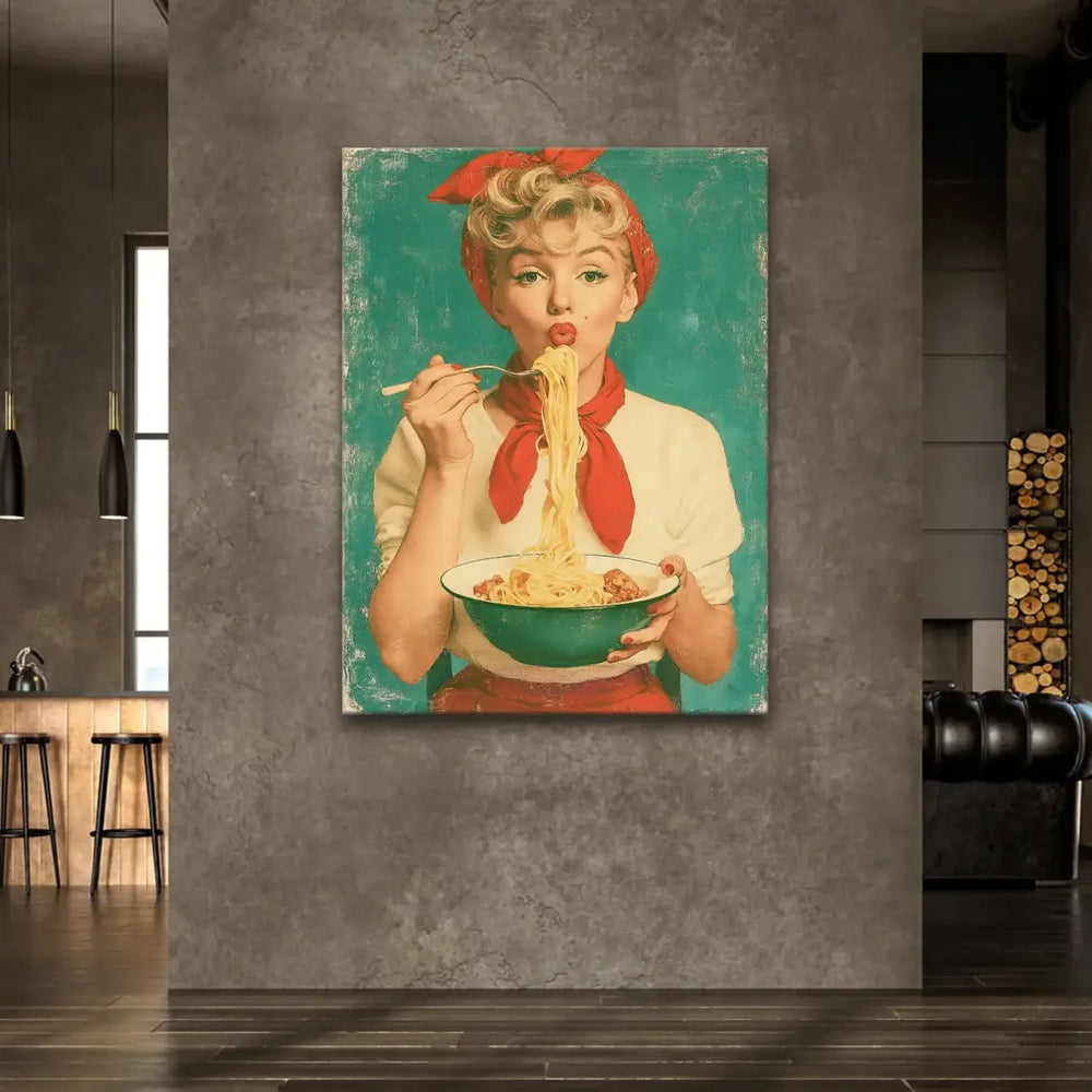 Playful spaghetti forked in a green bowl in retro pop art
