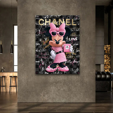 Minnie Mouse wearing sunglasses in a sparkling pink gown, embodying high-fashion street art style.