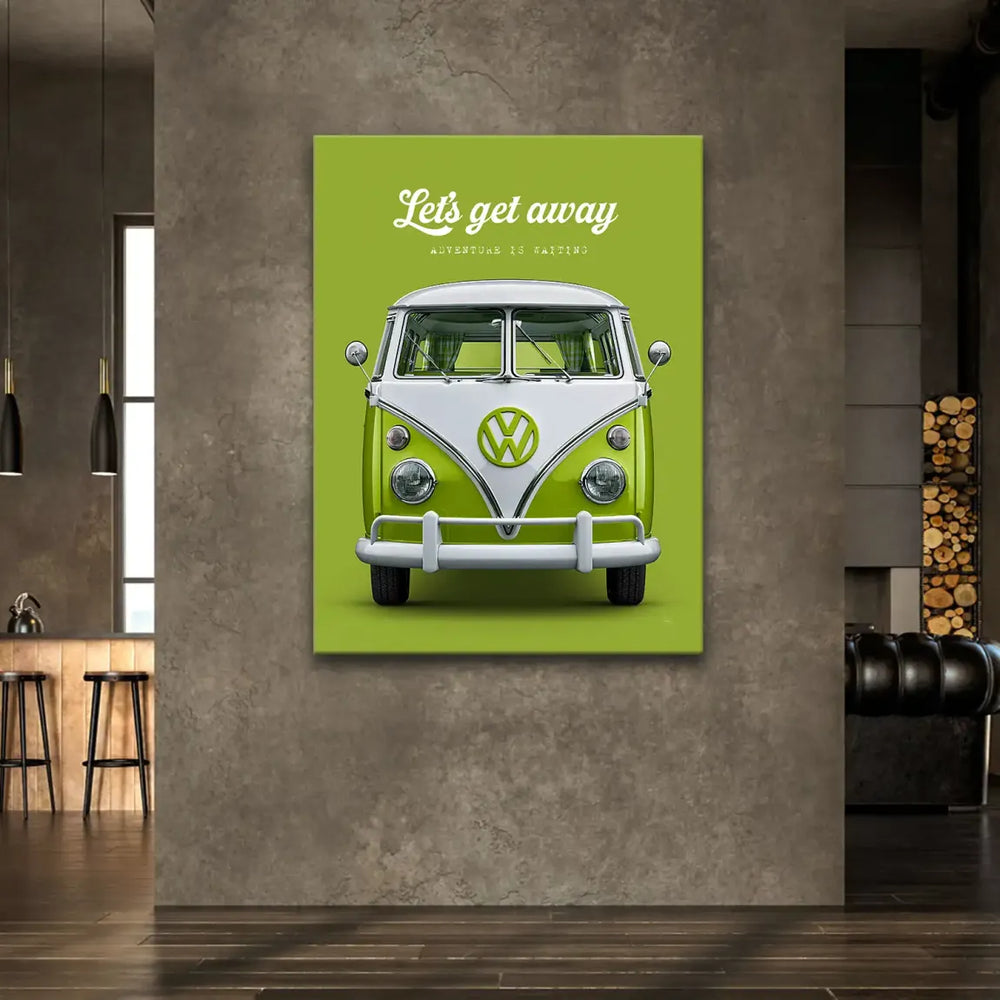 Close-up of white 'ADVENTURE IS WAITING' typography on vintage camper print
