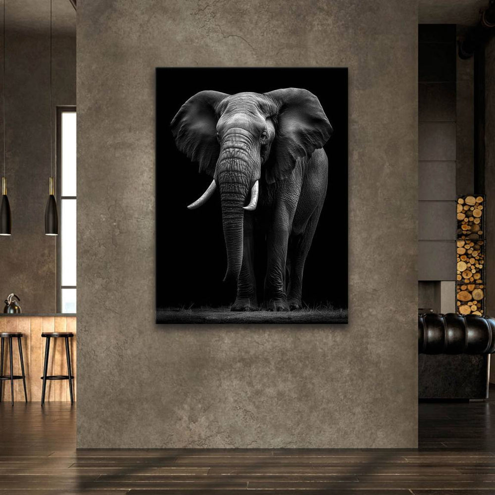 Monochrome wildlife wall art featuring a full-body elephant against a dark backdrop