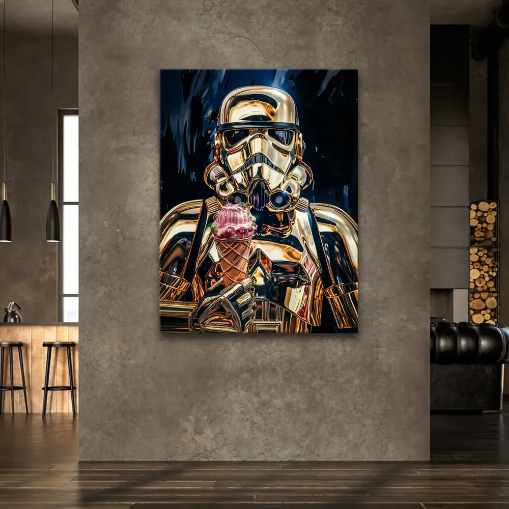 Graphic Stormtrooper figure combined with dessert in contemporary wall art.