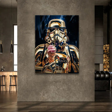 Graphic Stormtrooper figure combined with dessert in contemporary wall art.