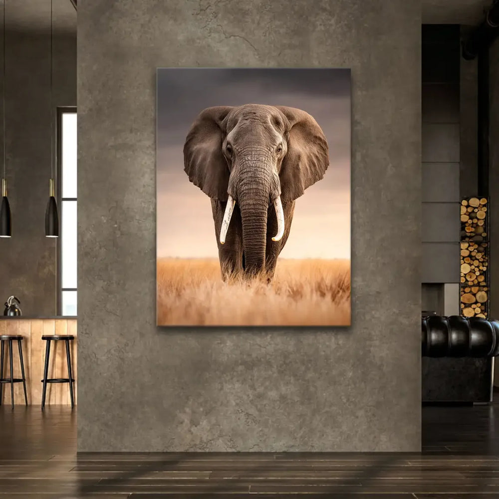 Close-up of the elephant's grey-brown skin against warm savannah tones.