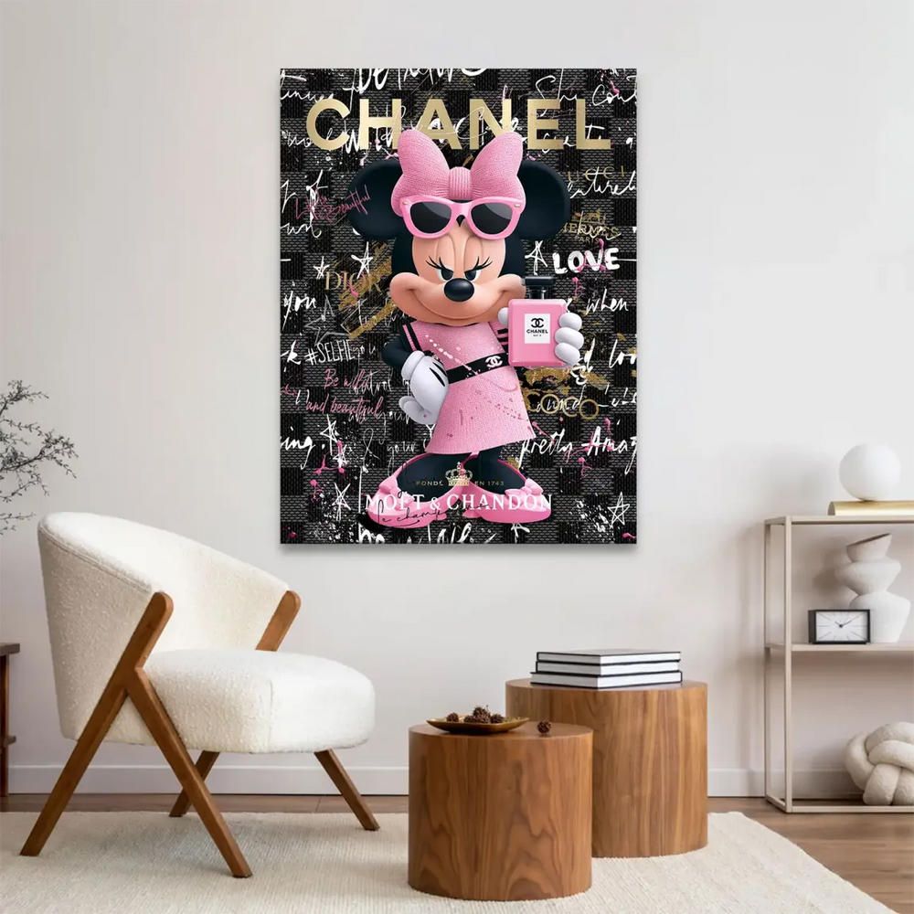 Bold fusion of cartoon charm with couture branding and gold accents in a contemporary art piece.