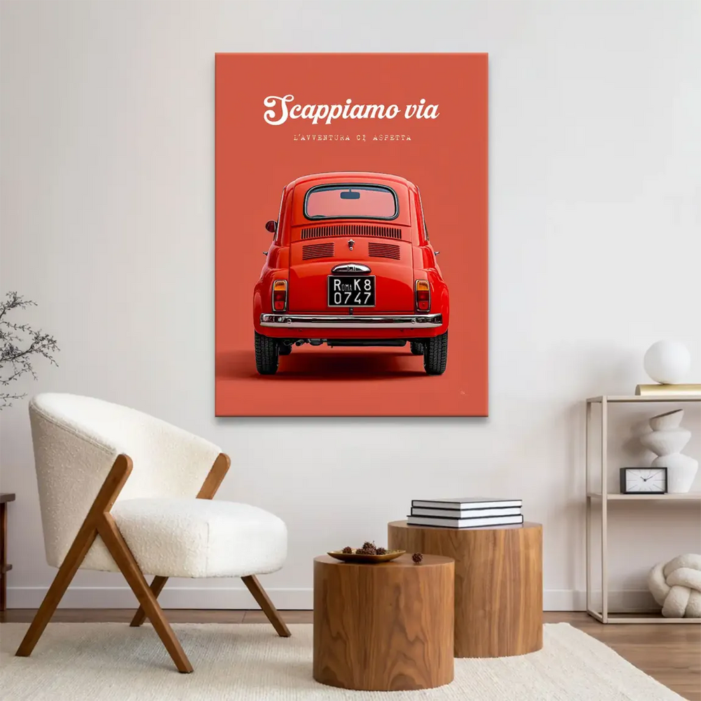 Centered composition featuring a classic Fiat 500 for modern retro decor