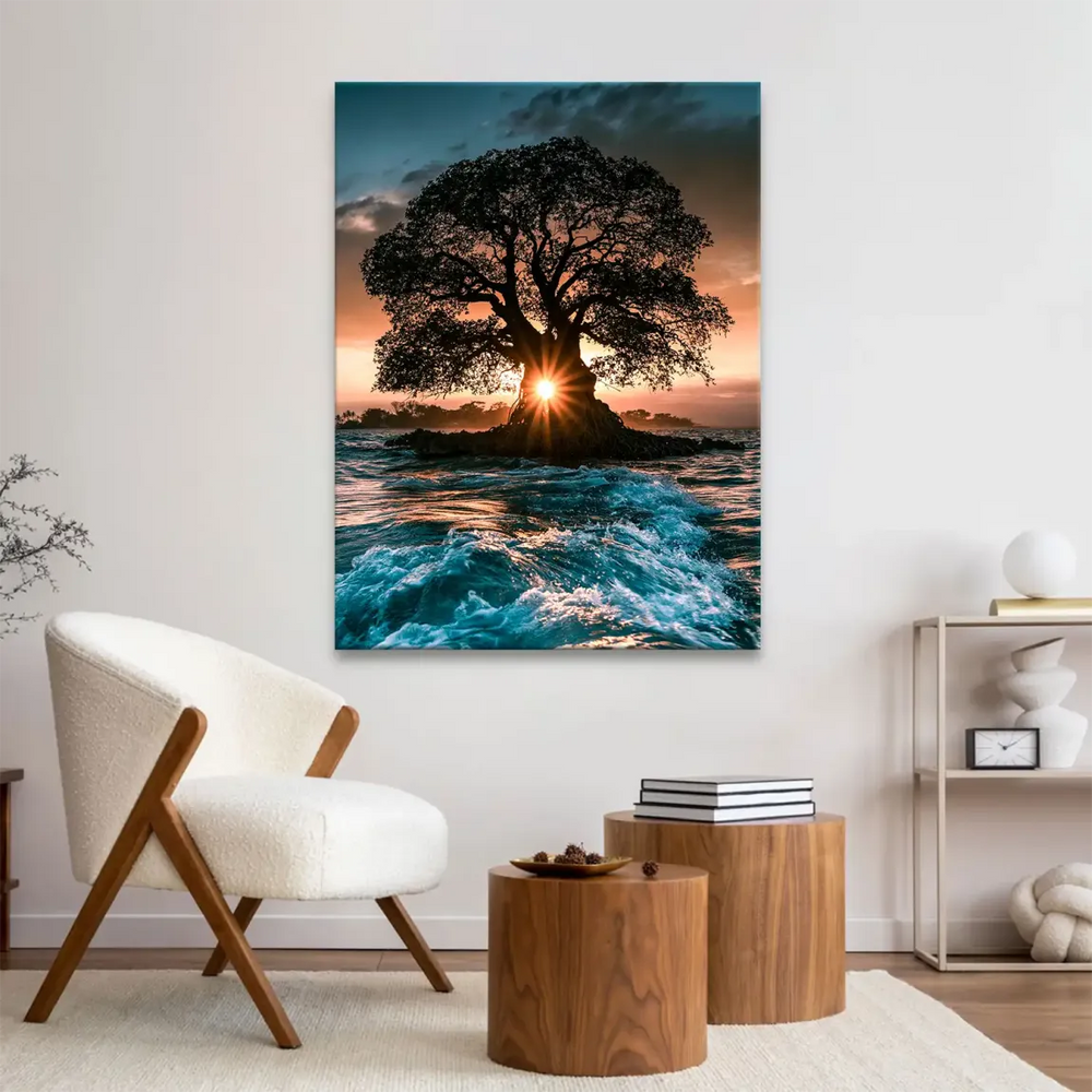 High-contrast nature wall art featuring a silhouetted tree and sunset.