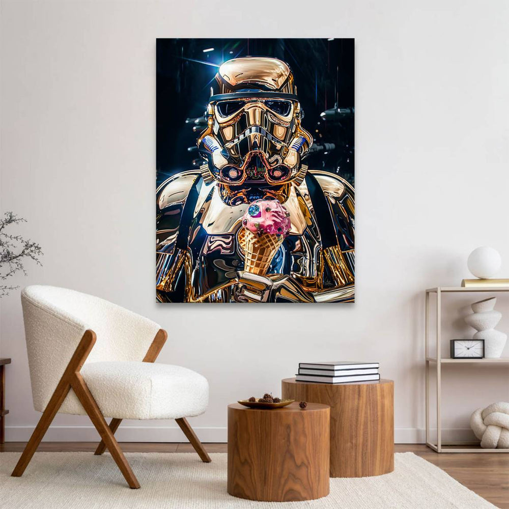 Vibrant Pop Art canvas featuring a gold Stormtrooper and a pink ice cream cone.