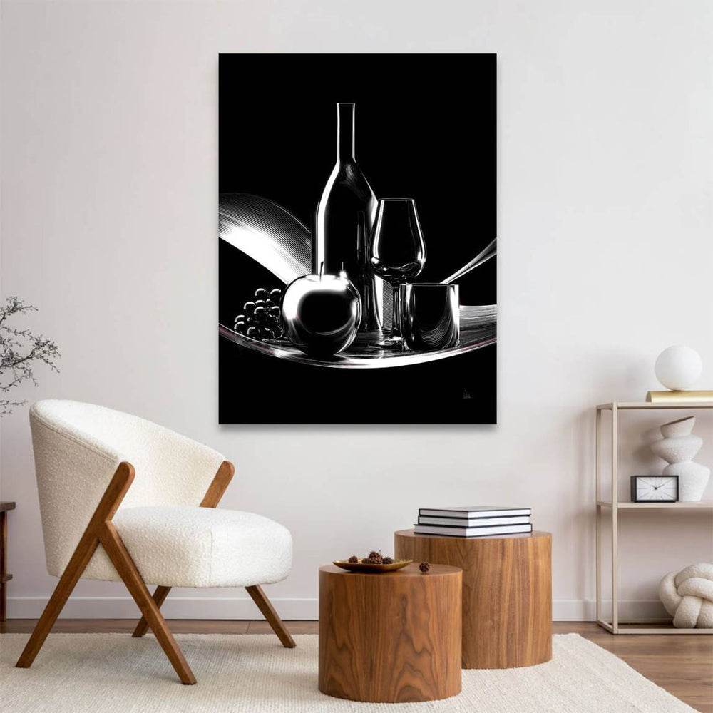 Hyperrealistic black-and-white still life with a wine bottle and fruit, highlighted by dramatic reflections and shadows.