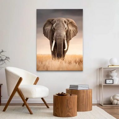 Wide savannah landscape with elephants and a peach-hued horizon.