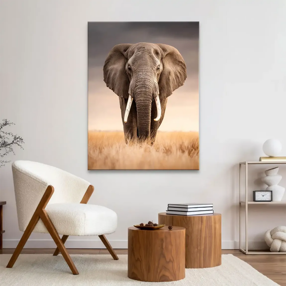 Wide savannah landscape with elephants and a peach-hued horizon.