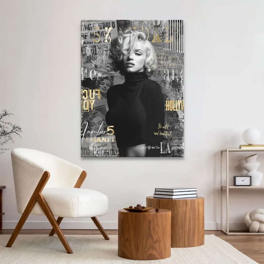 Layered collage with quotes and numbers behind Marilyn Monroe in glamorous pop art canvas