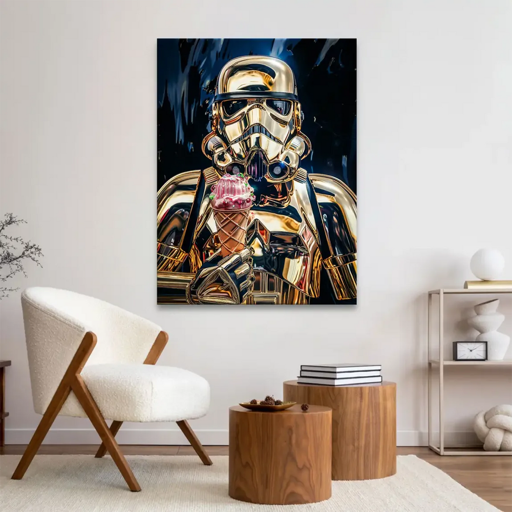 Dark abstract backdrop highlights the gold Stormtrooper artwork.