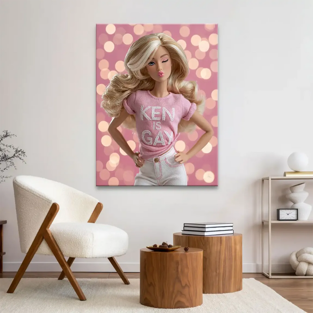 LGBTQ+-friendly humor artwork featuring a stylish figure in bright pink
