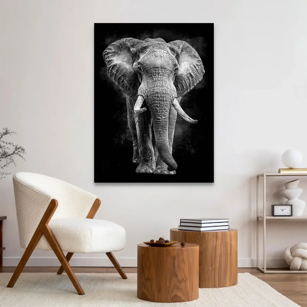 Monochrome elephant wall art showing detailed skin texture in central composition
