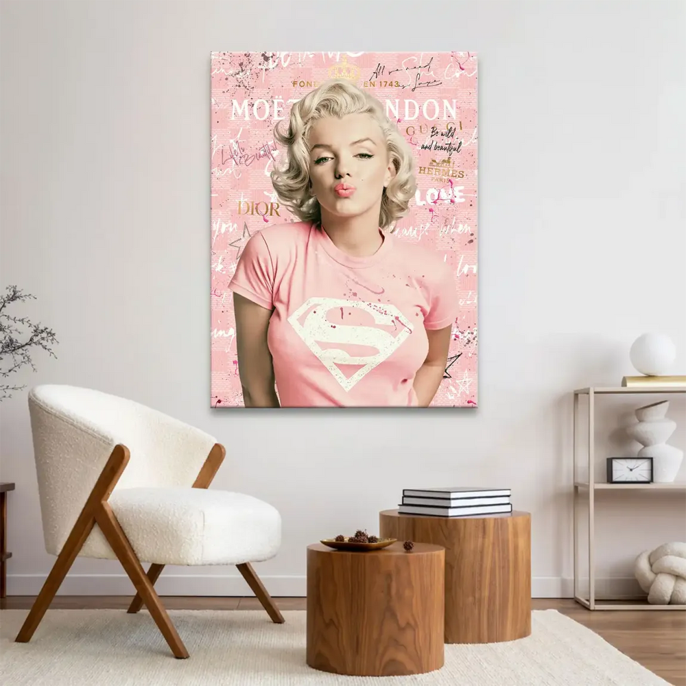 Pink and gold palette with graffiti splatters on a Marilyn Monroe pop art canvas.