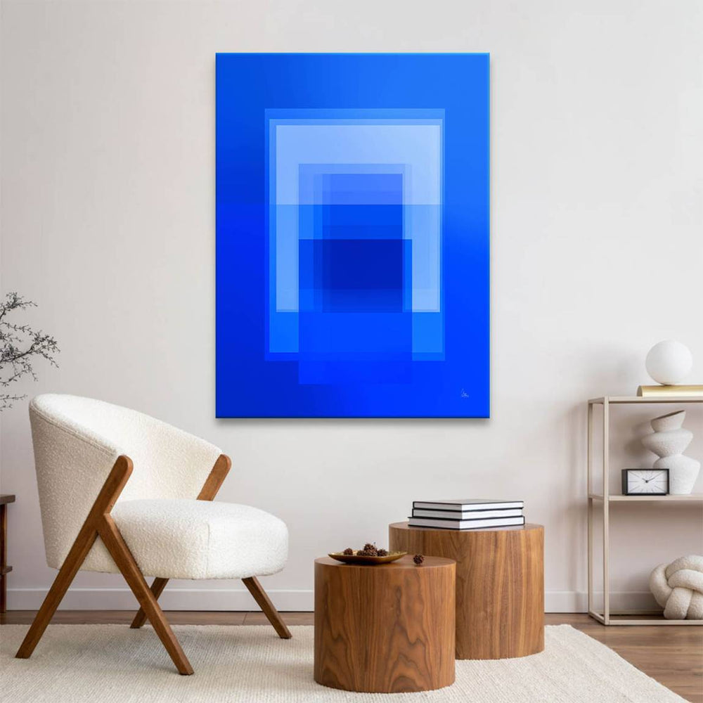 Modern abstract canvas wall art with blue rectangular forms creating depth and calm mood.