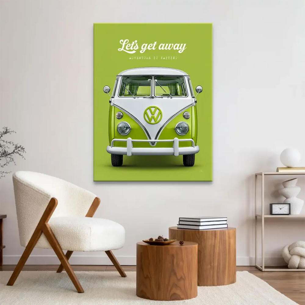Vibrant travel-themed car wall art featuring a classic VW bus in bright colors