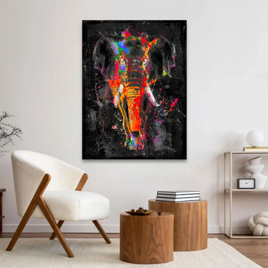 Urban-inspired elephant wall art with a dramatic charcoal backdrop.