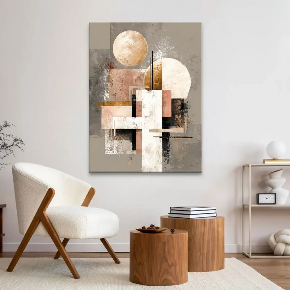 Partial cream circle intersecting with lines in a sophisticated geometric composition