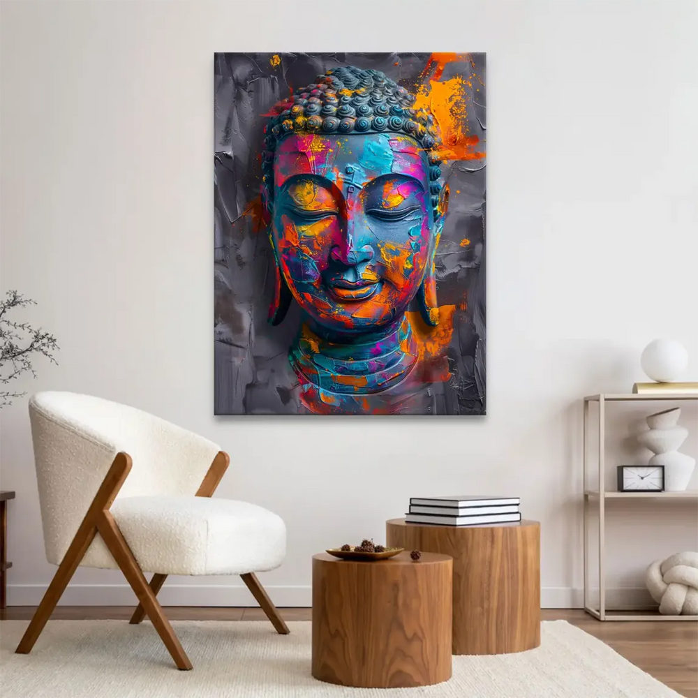 Colorful Buddha canvas print with electric blues, pinks, oranges and yellows