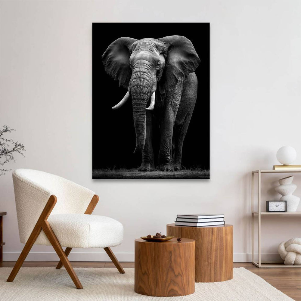 Realistic elephant portrait on canvas highlighting textured skin and tusks