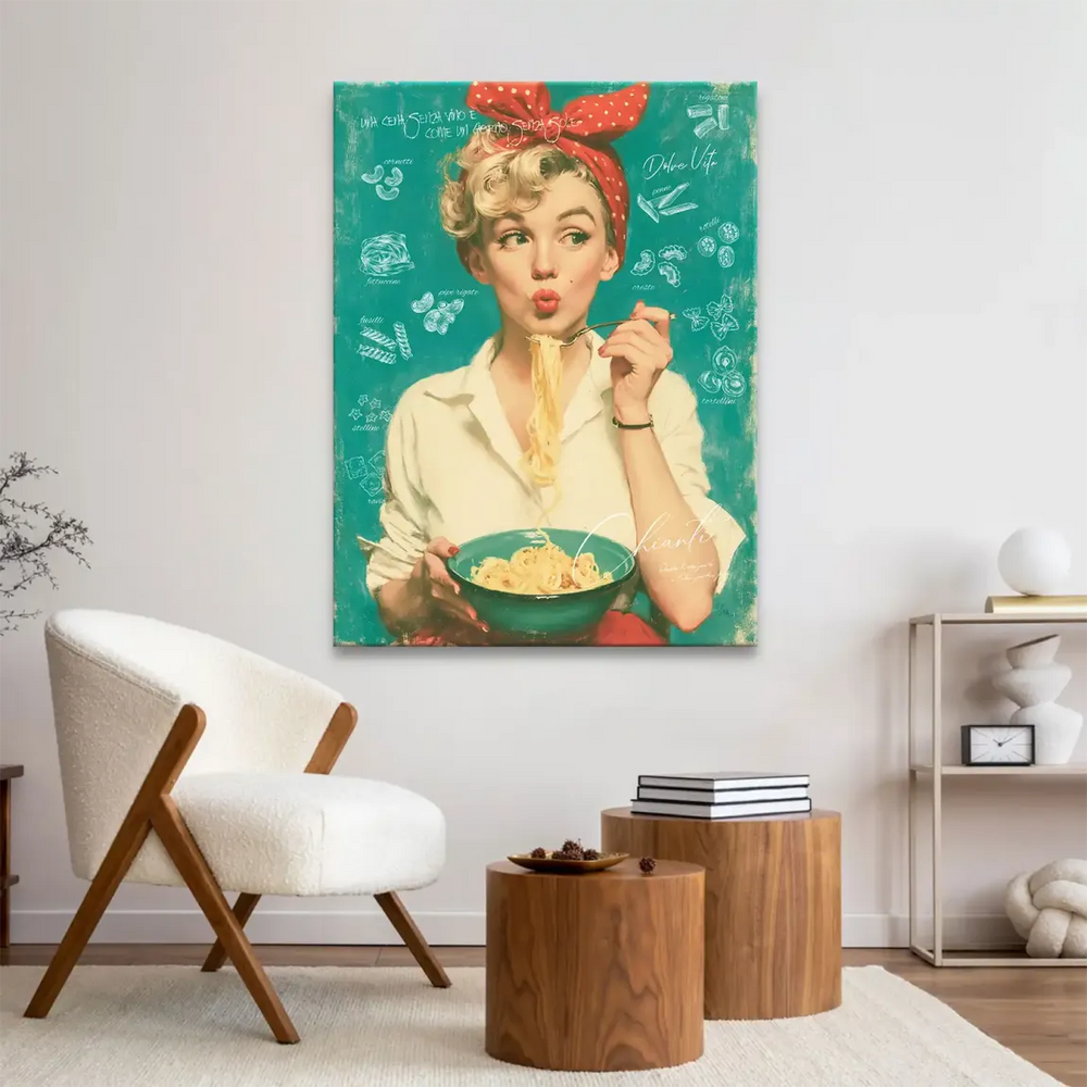 Vintage pin up inspired wall art featuring food motif suitable for kitchens, dining areas, or bistros